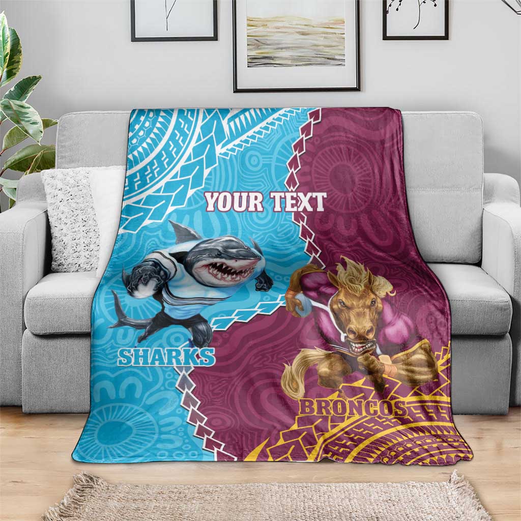 Personalised Sharks And Broncos Rugby Blanket Aboriginal Mix Polynesian Pattern