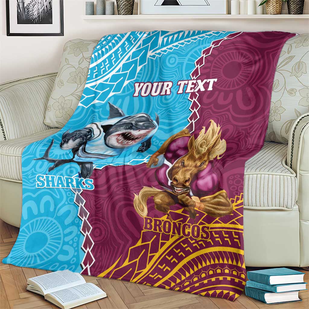 Personalised Sharks And Broncos Rugby Blanket Aboriginal Mix Polynesian Pattern