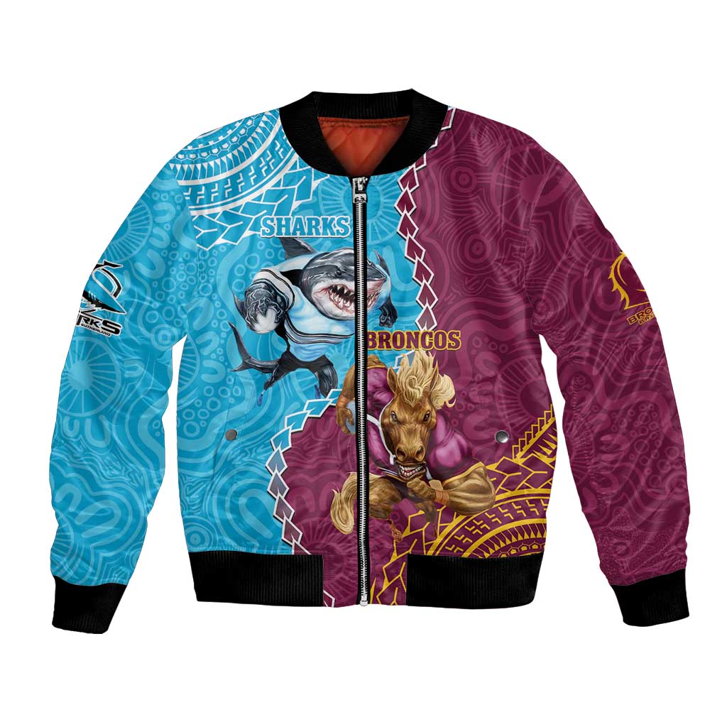 Personalised Sharks And Broncos Rugby Bomber Jacket Aboriginal Mix Polynesian Pattern