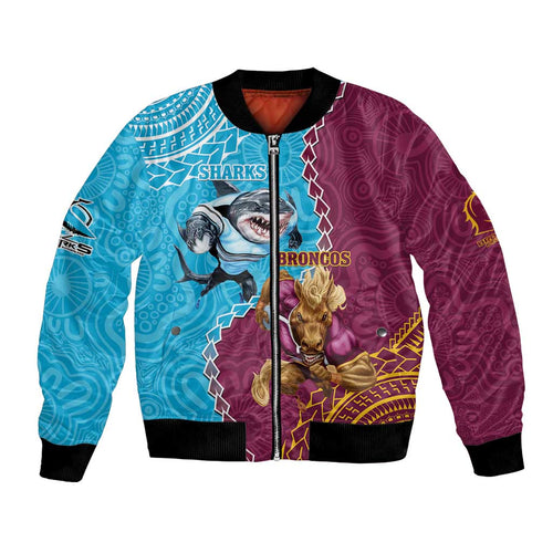 Personalised Sharks And Broncos Rugby Bomber Jacket Aboriginal Mix Polynesian Pattern