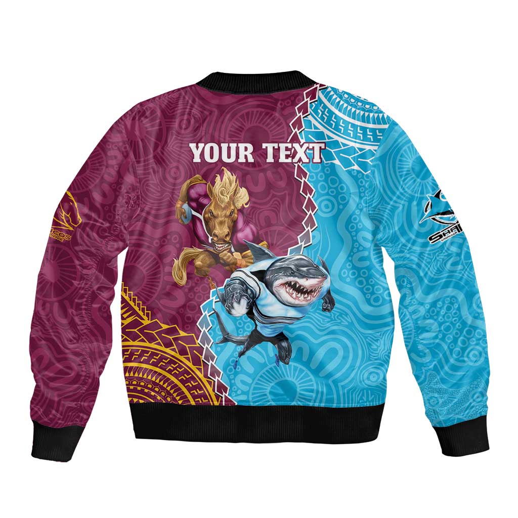 Personalised Sharks And Broncos Rugby Bomber Jacket Aboriginal Mix Polynesian Pattern