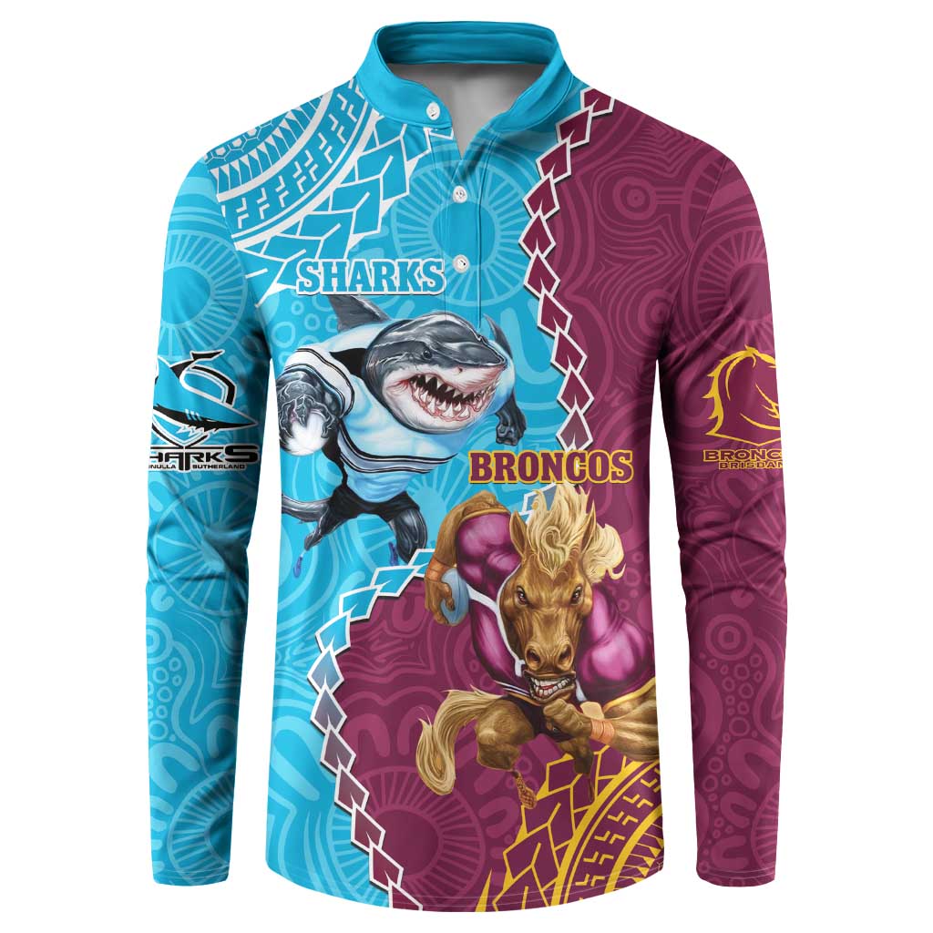 Personalised Sharks And Broncos Rugby Button Sweatshirt Aboriginal Mix Polynesian Pattern