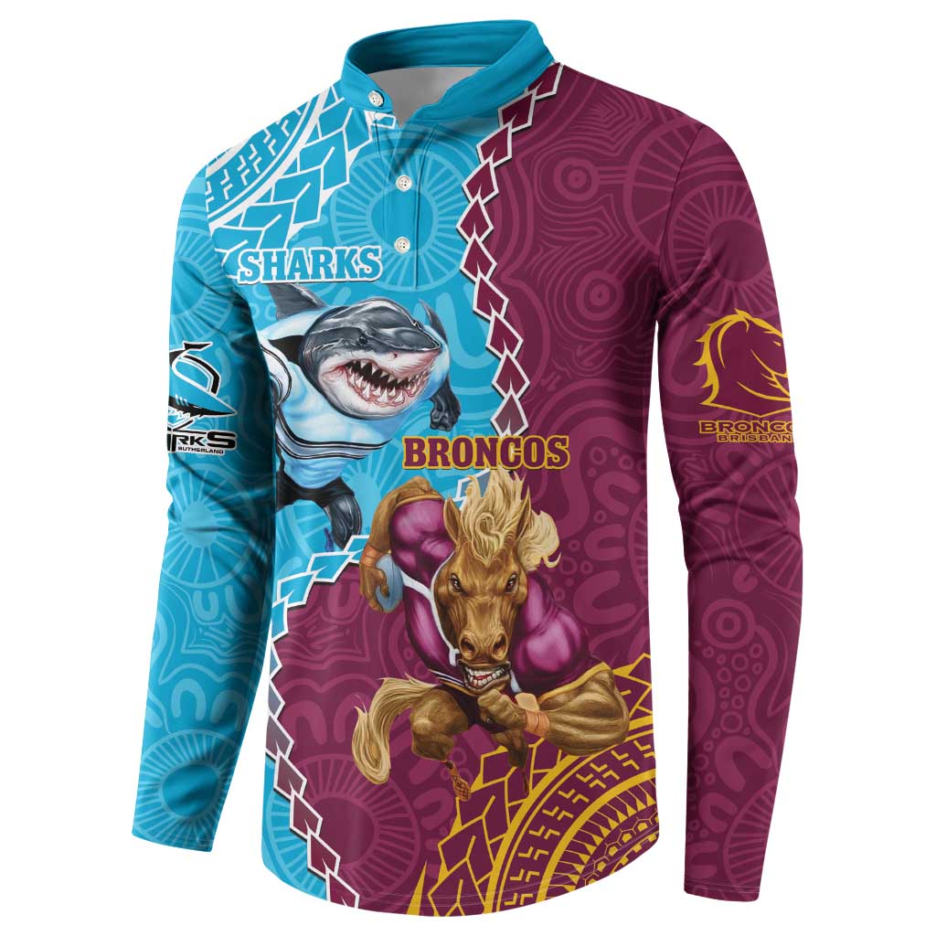Personalised Sharks And Broncos Rugby Button Sweatshirt Aboriginal Mix Polynesian Pattern