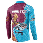 Personalised Sharks And Broncos Rugby Button Sweatshirt Aboriginal Mix Polynesian Pattern