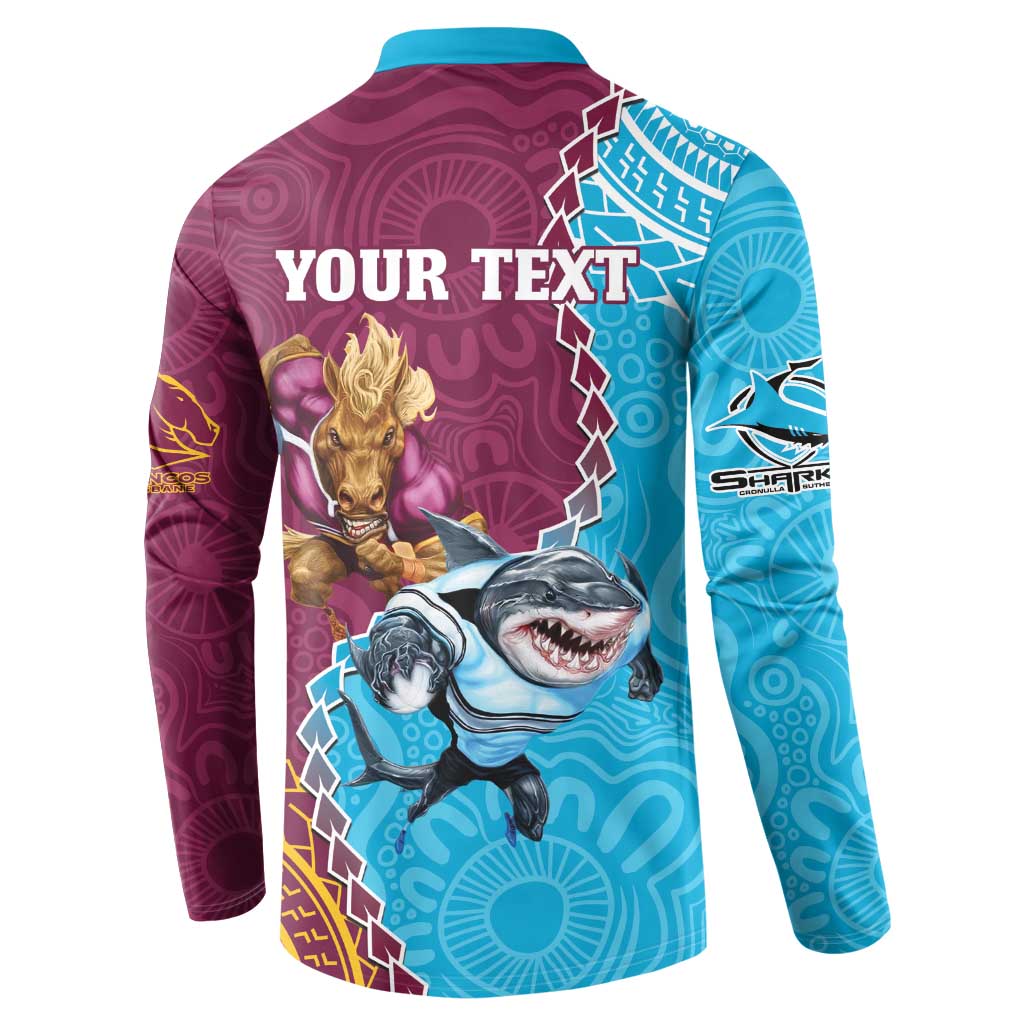 Personalised Sharks And Broncos Rugby Button Sweatshirt Aboriginal Mix Polynesian Pattern