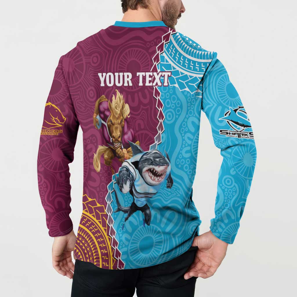 Personalised Sharks And Broncos Rugby Button Sweatshirt Aboriginal Mix Polynesian Pattern