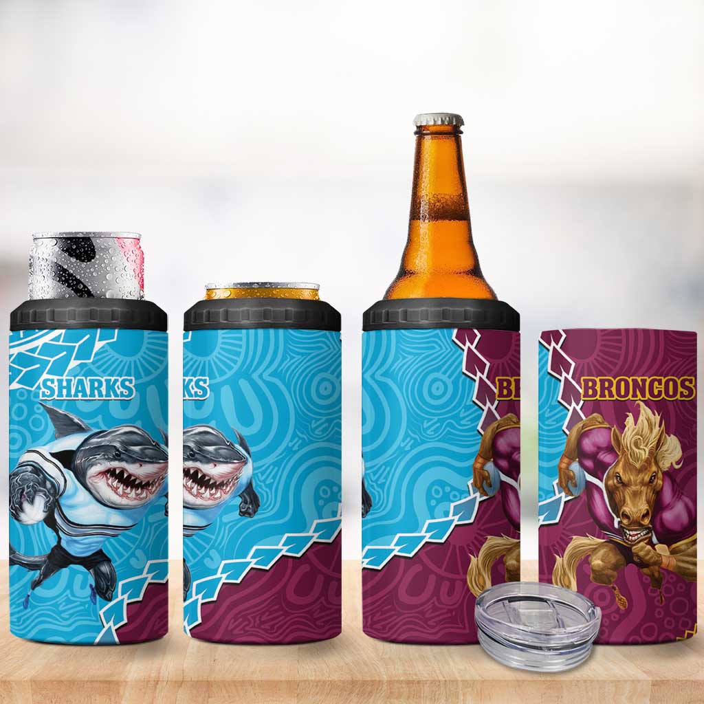Sharks And Broncos Rugby 4 in 1 Can Cooler Tumbler Aboriginal Mix Polynesian Pattern