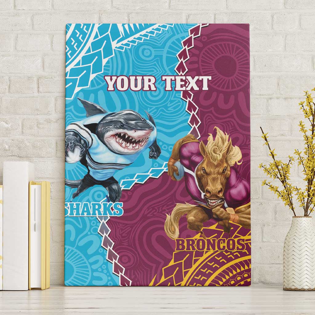 Personalised Sharks And Broncos Rugby Canvas Wall Art Aboriginal Mix Polynesian Pattern