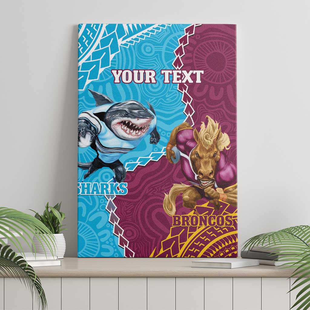 Personalised Sharks And Broncos Rugby Canvas Wall Art Aboriginal Mix Polynesian Pattern