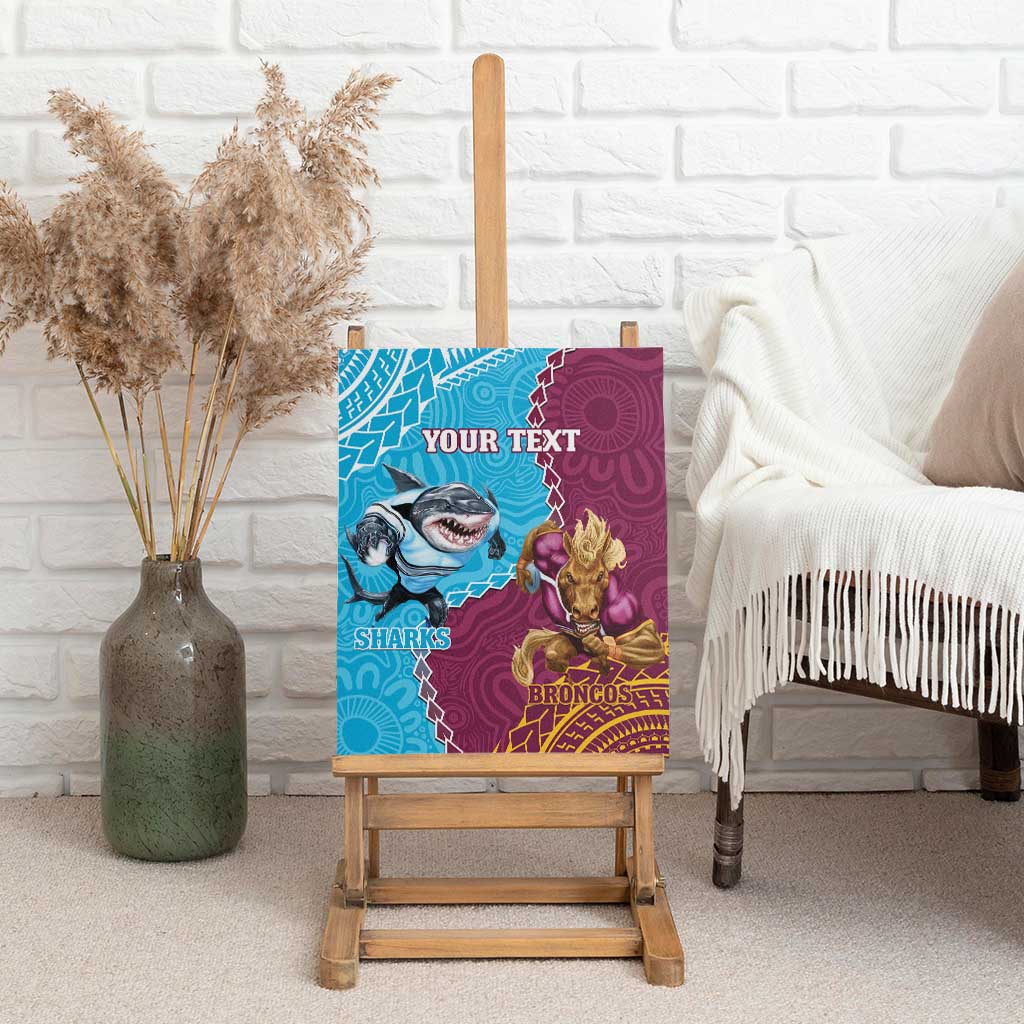Personalised Sharks And Broncos Rugby Canvas Wall Art Aboriginal Mix Polynesian Pattern