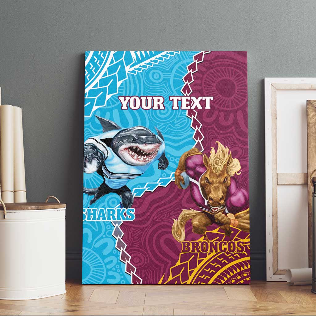 Personalised Sharks And Broncos Rugby Canvas Wall Art Aboriginal Mix Polynesian Pattern