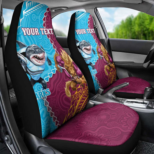 Personalised Sharks And Broncos Rugby Car Seat Cover Aboriginal Mix Polynesian Pattern