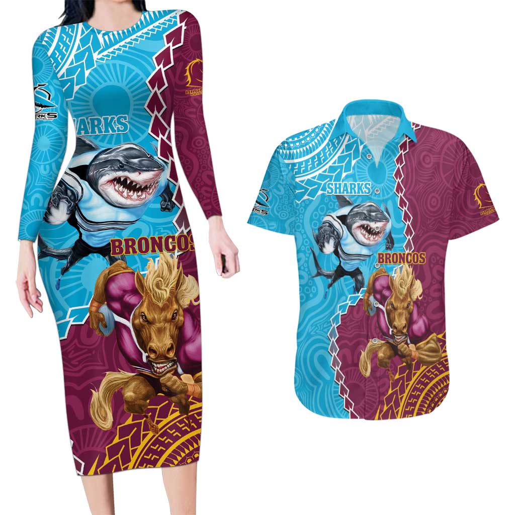 Personalised Sharks And Broncos Rugby Couples Matching Long Sleeve Bodycon Dress and Hawaiian Shirt Aboriginal Mix Polynesian Pattern