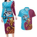 Personalised Sharks And Broncos Rugby Couples Matching Long Sleeve Bodycon Dress and Hawaiian Shirt Aboriginal Mix Polynesian Pattern