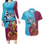Personalised Sharks And Broncos Rugby Couples Matching Long Sleeve Bodycon Dress and Hawaiian Shirt Aboriginal Mix Polynesian Pattern