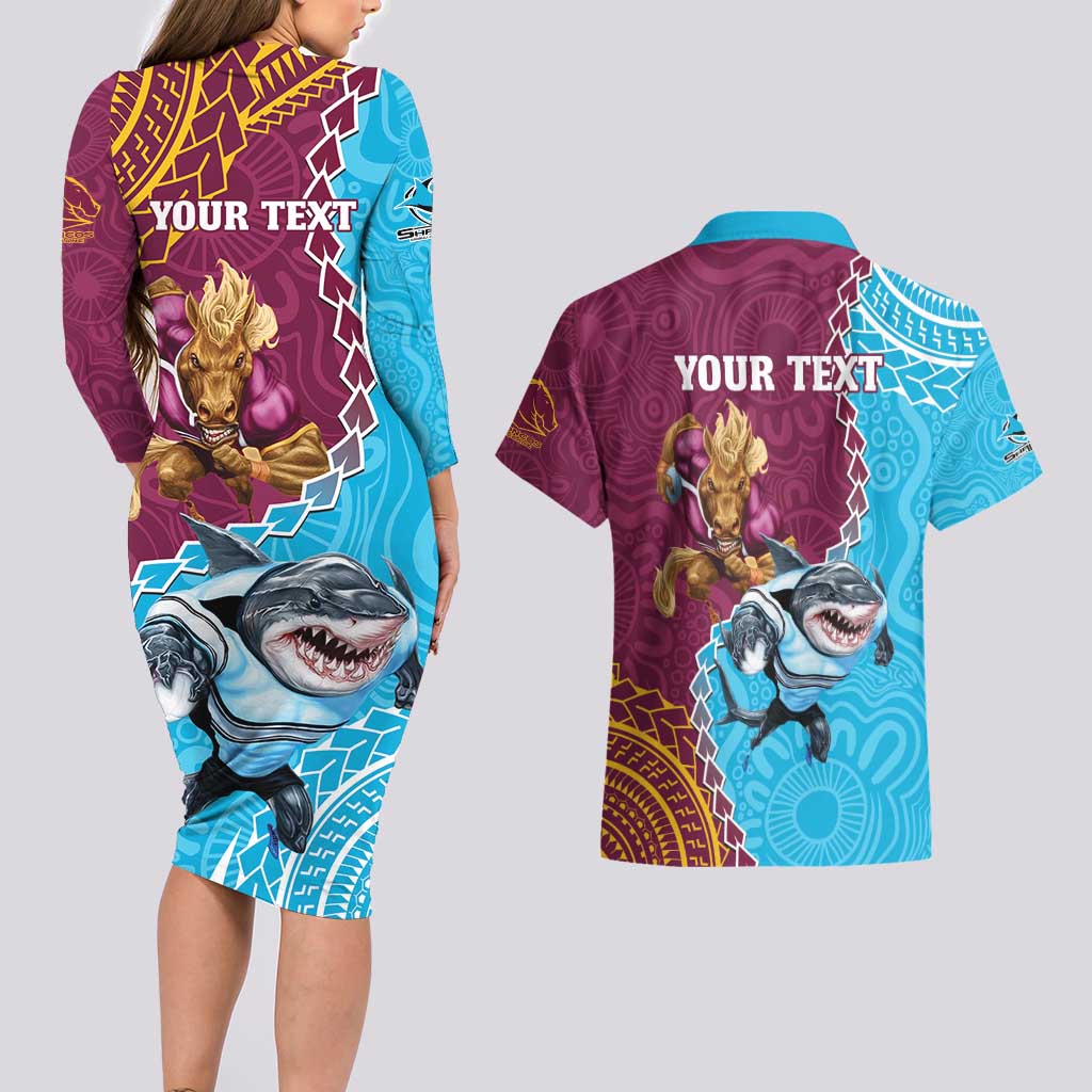 Personalised Sharks And Broncos Rugby Couples Matching Long Sleeve Bodycon Dress and Hawaiian Shirt Aboriginal Mix Polynesian Pattern