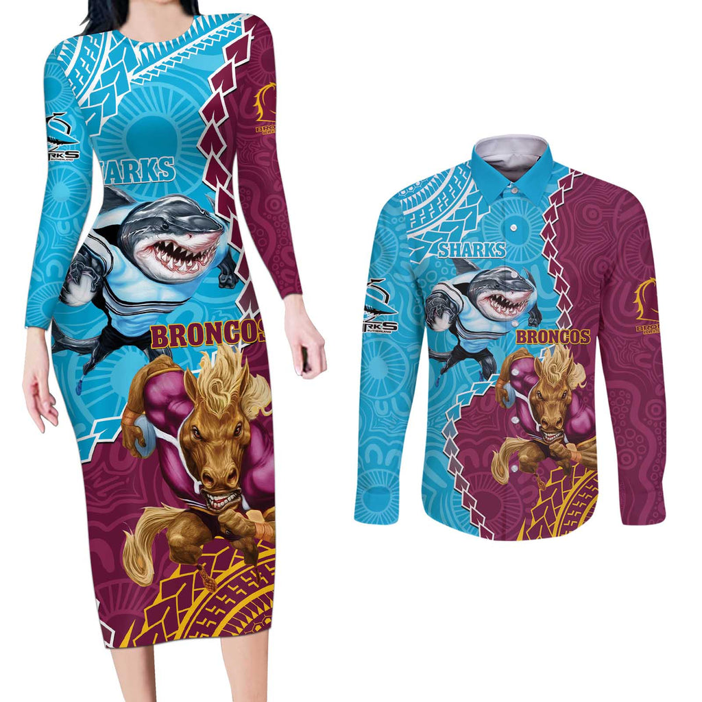 Personalised Sharks And Broncos Rugby Couples Matching Long Sleeve Bodycon Dress and Long Sleeve Button Shirt Aboriginal Mix Polynesian Pattern