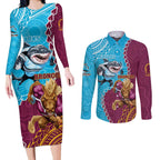 Personalised Sharks And Broncos Rugby Couples Matching Long Sleeve Bodycon Dress and Long Sleeve Button Shirt Aboriginal Mix Polynesian Pattern