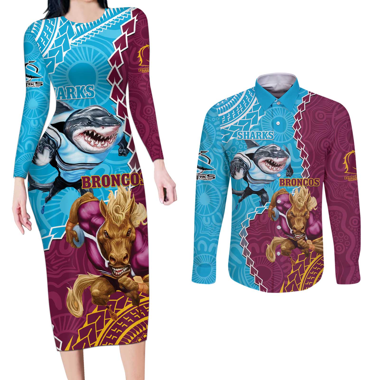 Personalised Sharks And Broncos Rugby Couples Matching Long Sleeve Bodycon Dress and Long Sleeve Button Shirt Aboriginal Mix Polynesian Pattern