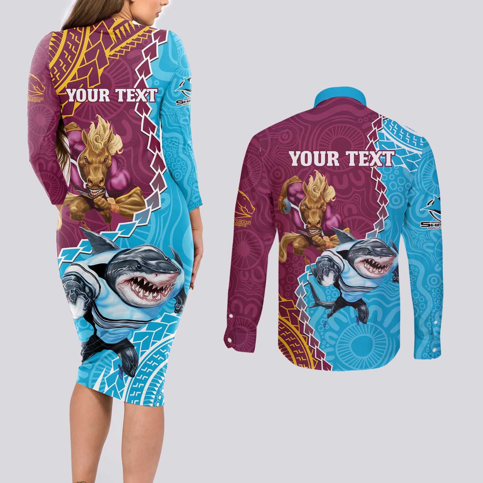 Personalised Sharks And Broncos Rugby Couples Matching Long Sleeve Bodycon Dress and Long Sleeve Button Shirt Aboriginal Mix Polynesian Pattern