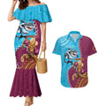 Personalised Sharks And Broncos Rugby Couples Matching Mermaid Dress and Hawaiian Shirt Aboriginal Mix Polynesian Pattern