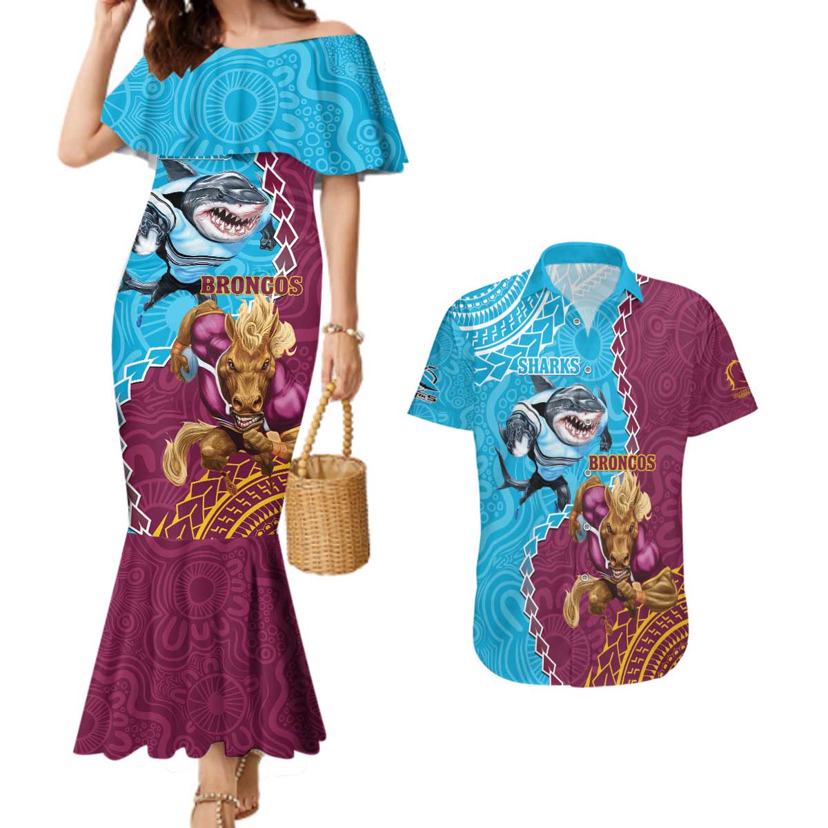 Personalised Sharks And Broncos Rugby Couples Matching Mermaid Dress and Hawaiian Shirt Aboriginal Mix Polynesian Pattern