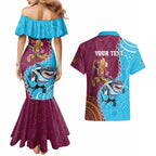 Personalised Sharks And Broncos Rugby Couples Matching Mermaid Dress and Hawaiian Shirt Aboriginal Mix Polynesian Pattern