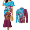 Personalised Sharks And Broncos Rugby Couples Matching Mermaid Dress and Long Sleeve Button Shirt Aboriginal Mix Polynesian Pattern