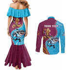 Personalised Sharks And Broncos Rugby Couples Matching Mermaid Dress and Long Sleeve Button Shirt Aboriginal Mix Polynesian Pattern