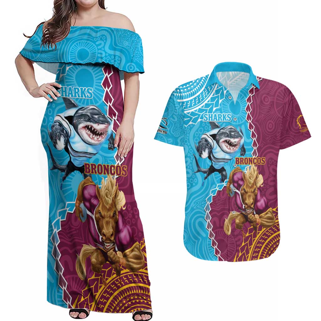 Personalised Sharks And Broncos Rugby Couples Matching Off Shoulder Maxi Dress and Hawaiian Shirt Aboriginal Mix Polynesian Pattern