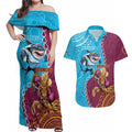 Personalised Sharks And Broncos Rugby Couples Matching Off Shoulder Maxi Dress and Hawaiian Shirt Aboriginal Mix Polynesian Pattern