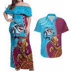 Personalised Sharks And Broncos Rugby Couples Matching Off Shoulder Maxi Dress and Hawaiian Shirt Aboriginal Mix Polynesian Pattern