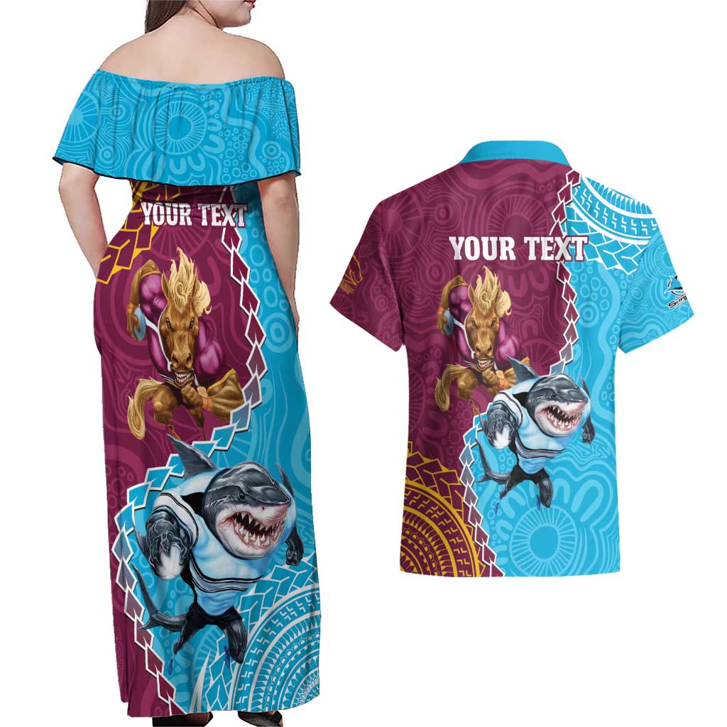 Personalised Sharks And Broncos Rugby Couples Matching Off Shoulder Maxi Dress and Hawaiian Shirt Aboriginal Mix Polynesian Pattern