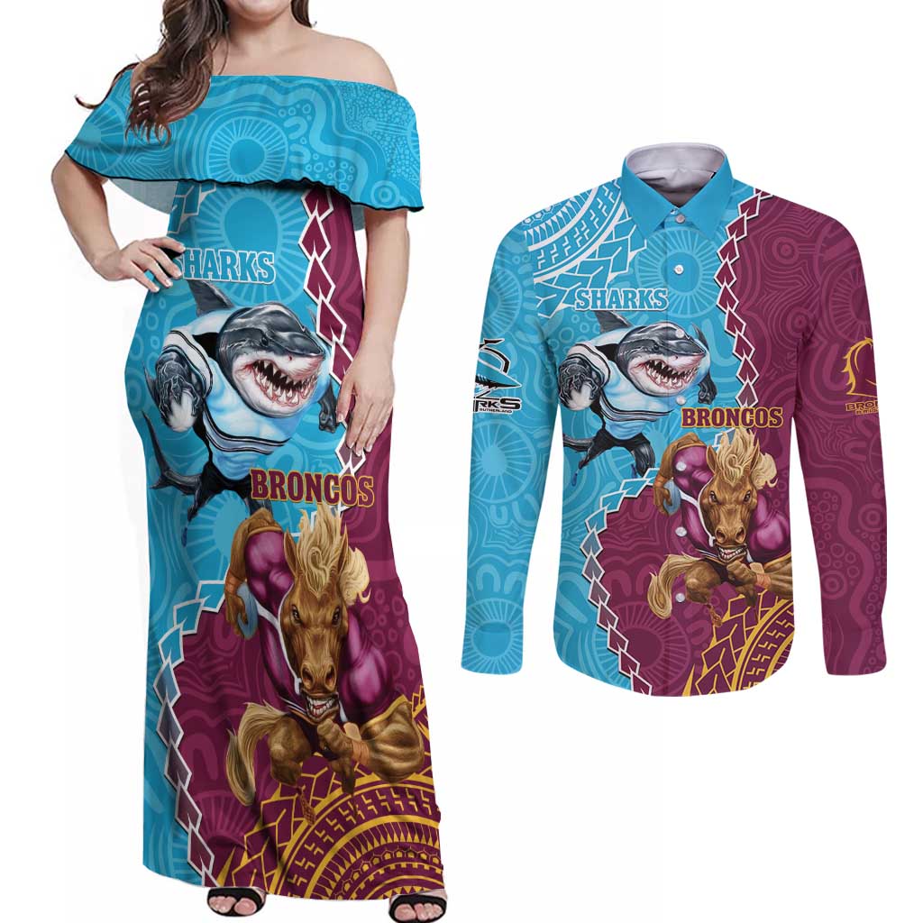 Personalised Sharks And Broncos Rugby Couples Matching Off Shoulder Maxi Dress and Long Sleeve Button Shirt Aboriginal Mix Polynesian Pattern