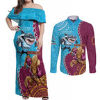 Personalised Sharks And Broncos Rugby Couples Matching Off Shoulder Maxi Dress and Long Sleeve Button Shirt Aboriginal Mix Polynesian Pattern