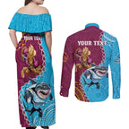 Personalised Sharks And Broncos Rugby Couples Matching Off Shoulder Maxi Dress and Long Sleeve Button Shirt Aboriginal Mix Polynesian Pattern