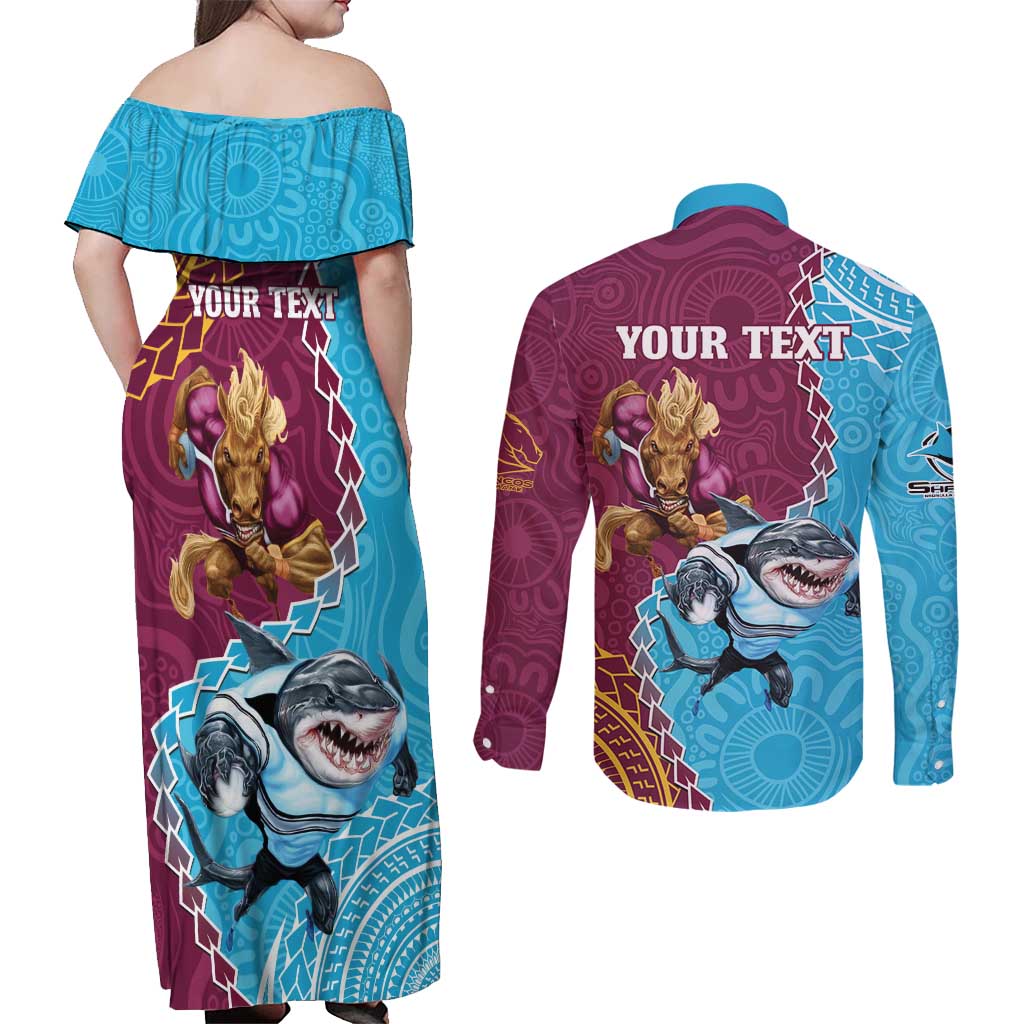 Personalised Sharks And Broncos Rugby Couples Matching Off Shoulder Maxi Dress and Long Sleeve Button Shirt Aboriginal Mix Polynesian Pattern