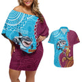 Personalised Sharks And Broncos Rugby Couples Matching Off Shoulder Short Dress and Hawaiian Shirt Aboriginal Mix Polynesian Pattern