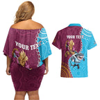 Personalised Sharks And Broncos Rugby Couples Matching Off Shoulder Short Dress and Hawaiian Shirt Aboriginal Mix Polynesian Pattern