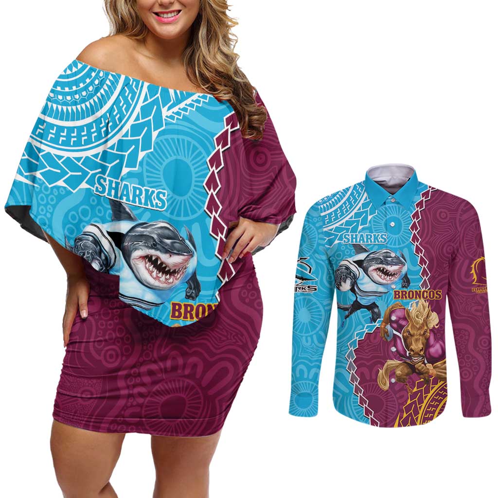Personalised Sharks And Broncos Rugby Couples Matching Off Shoulder Short Dress and Long Sleeve Button Shirt Aboriginal Mix Polynesian Pattern