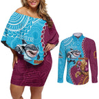 Personalised Sharks And Broncos Rugby Couples Matching Off Shoulder Short Dress and Long Sleeve Button Shirt Aboriginal Mix Polynesian Pattern