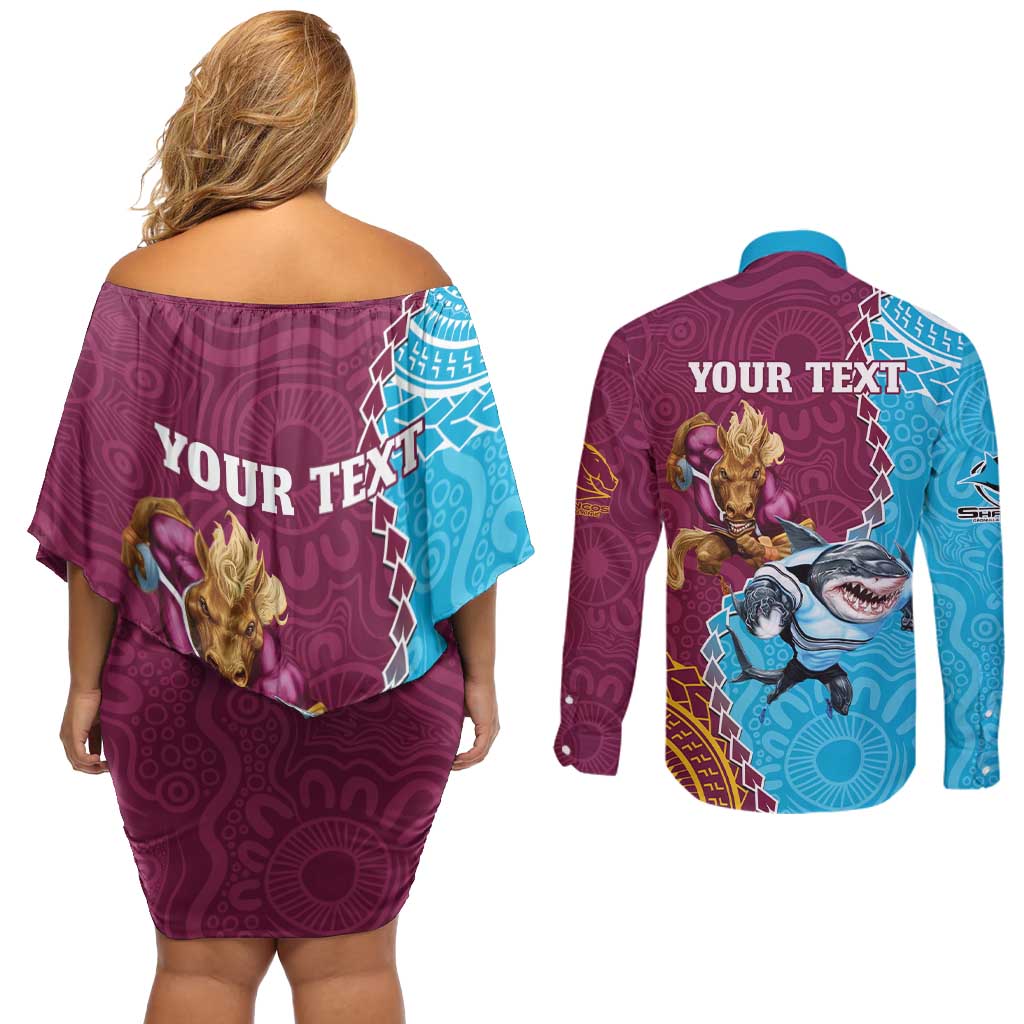 Personalised Sharks And Broncos Rugby Couples Matching Off Shoulder Short Dress and Long Sleeve Button Shirt Aboriginal Mix Polynesian Pattern