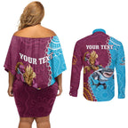 Personalised Sharks And Broncos Rugby Couples Matching Off Shoulder Short Dress and Long Sleeve Button Shirt Aboriginal Mix Polynesian Pattern