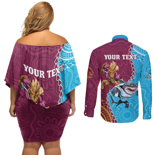 Personalised Sharks And Broncos Rugby Couples Matching Off Shoulder Short Dress and Long Sleeve Button Shirt Aboriginal Mix Polynesian Pattern