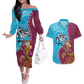 Personalised Sharks And Broncos Rugby Couples Matching Off The Shoulder Long Sleeve Dress and Hawaiian Shirt Aboriginal Mix Polynesian Pattern