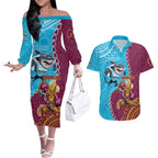 Personalised Sharks And Broncos Rugby Couples Matching Off The Shoulder Long Sleeve Dress and Hawaiian Shirt Aboriginal Mix Polynesian Pattern