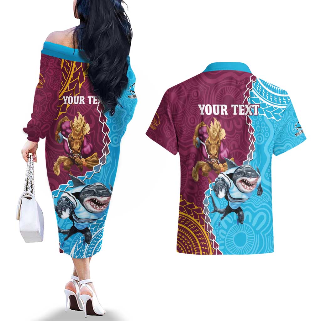 Personalised Sharks And Broncos Rugby Couples Matching Off The Shoulder Long Sleeve Dress and Hawaiian Shirt Aboriginal Mix Polynesian Pattern