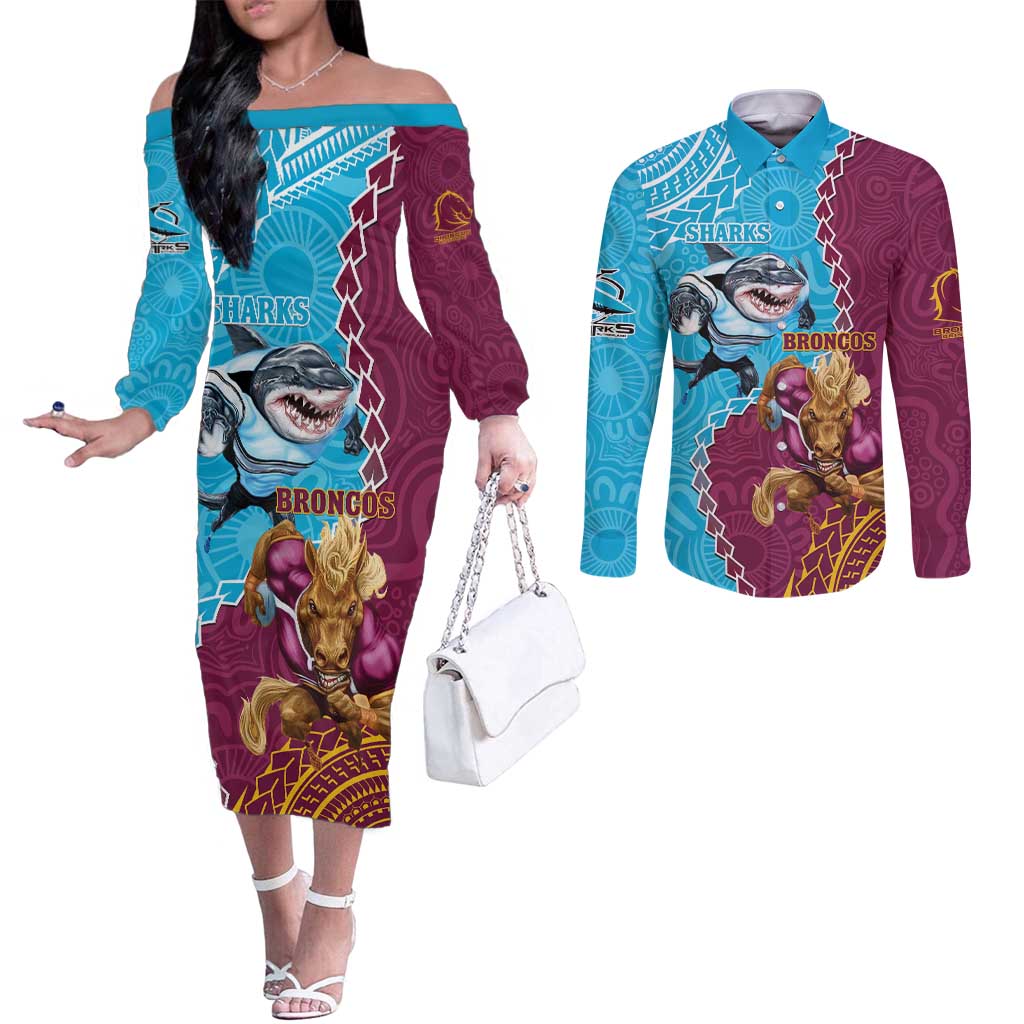 Personalised Sharks And Broncos Rugby Couples Matching Off The Shoulder Long Sleeve Dress and Long Sleeve Button Shirt Aboriginal Mix Polynesian Pattern