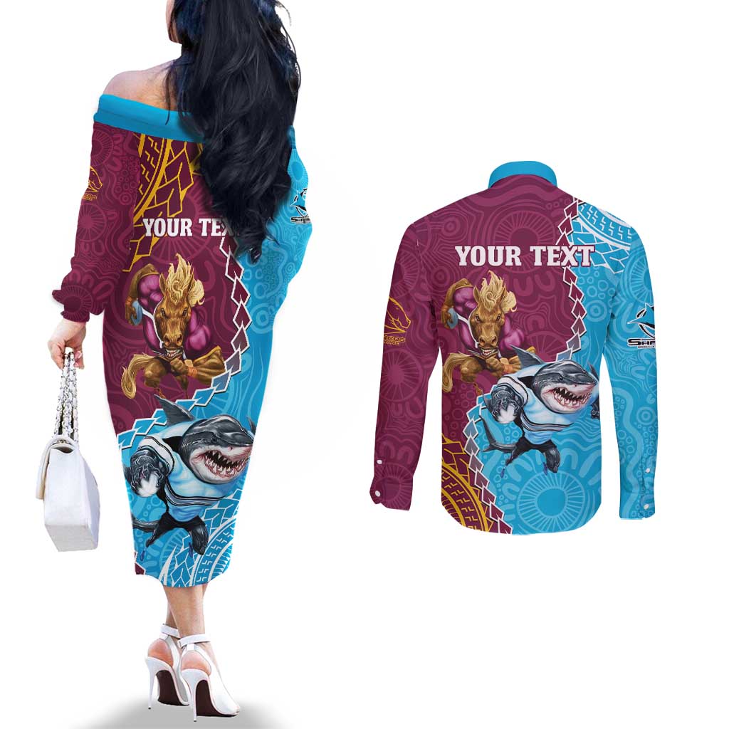 Personalised Sharks And Broncos Rugby Couples Matching Off The Shoulder Long Sleeve Dress and Long Sleeve Button Shirt Aboriginal Mix Polynesian Pattern