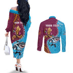Personalised Sharks And Broncos Rugby Couples Matching Off The Shoulder Long Sleeve Dress and Long Sleeve Button Shirt Aboriginal Mix Polynesian Pattern